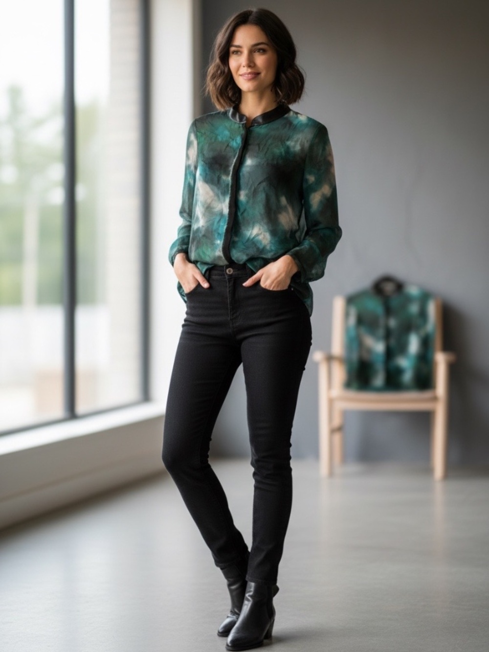 Elie Tahari Silk Tie-Dye Long-Sleeve Blouse w/ Lamb Leather Trim Size XS